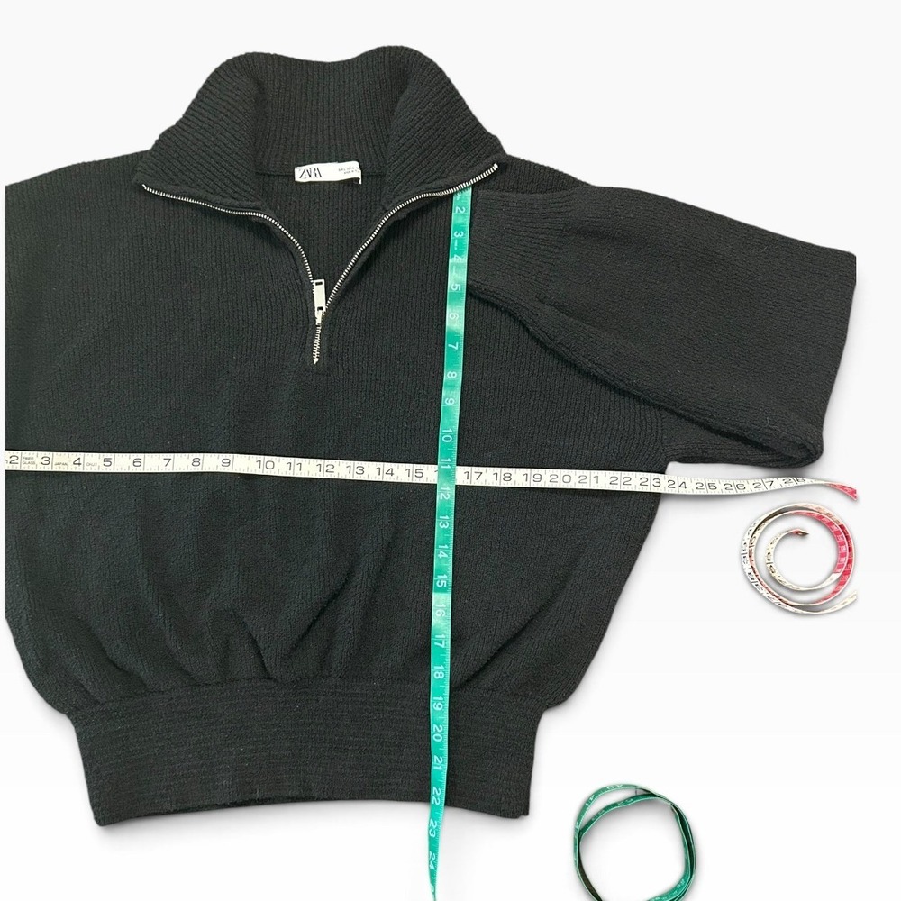 Zara Black Ribbed Quarter Zip Cropped Knit Sweater Size L Quiet Luxury - Picture 4 of 6